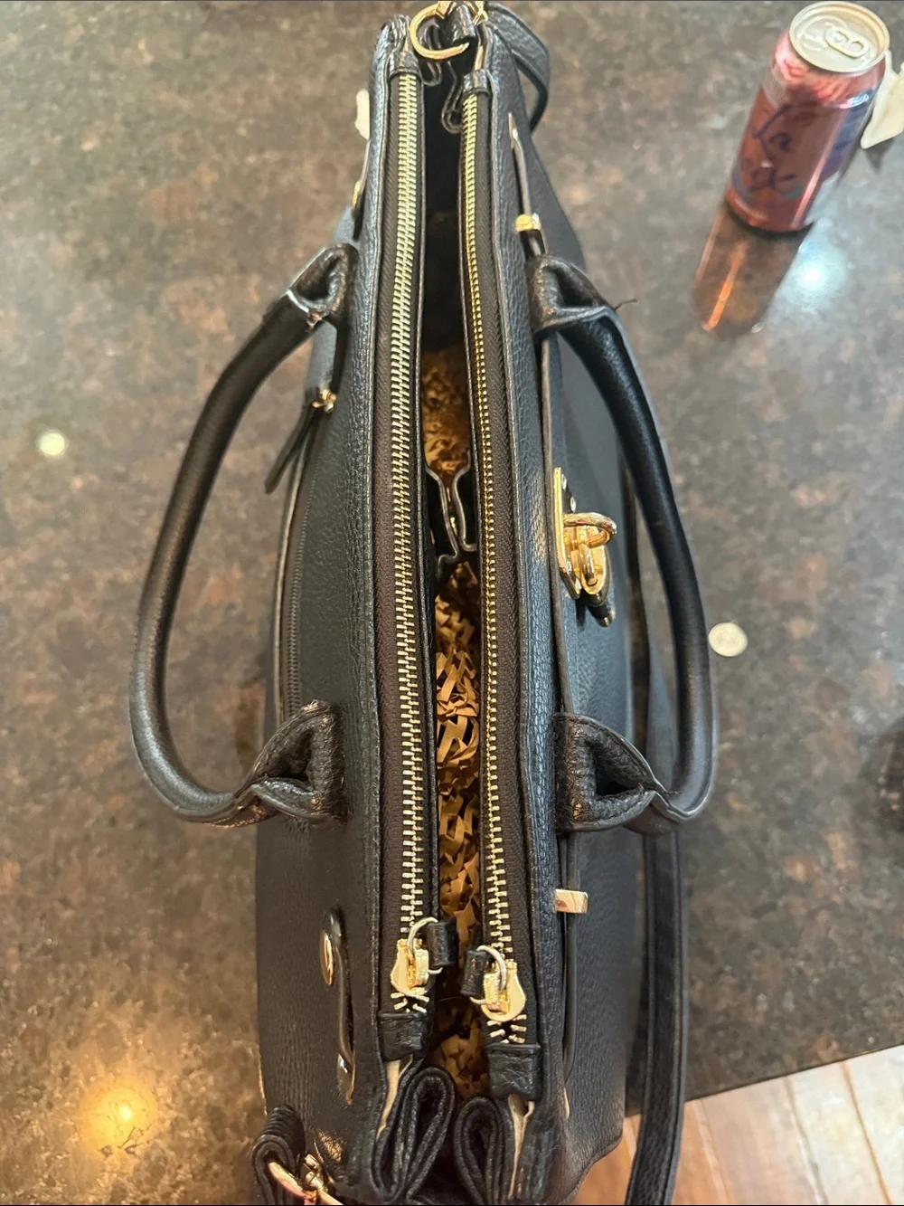 Black Satchel Handbag with Gold Padlock Accent